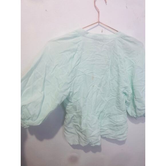 AMANDA UPRICHARD Light Blue Linen Blend Puff Sleeves Peplum Diego Top Size M - Picture 5 of 9